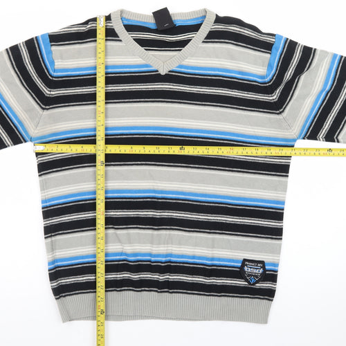 Burnside Men's Blue Striped Cotton V-Neck Jumper Size L