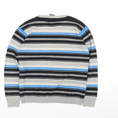 Burnside Men's Blue Striped Cotton V-Neck Jumper Size L