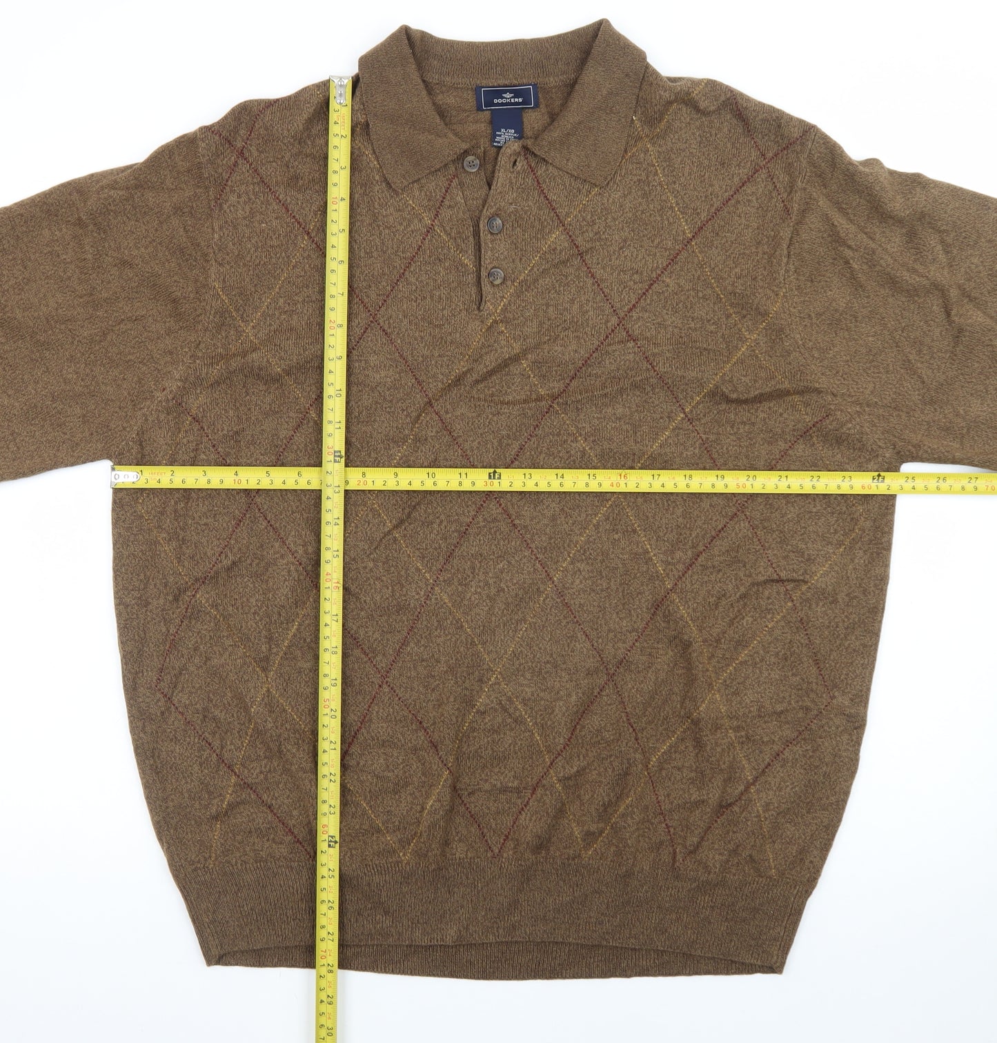 Dockers Mens Brown Argyle Collared Henley Jumper XL