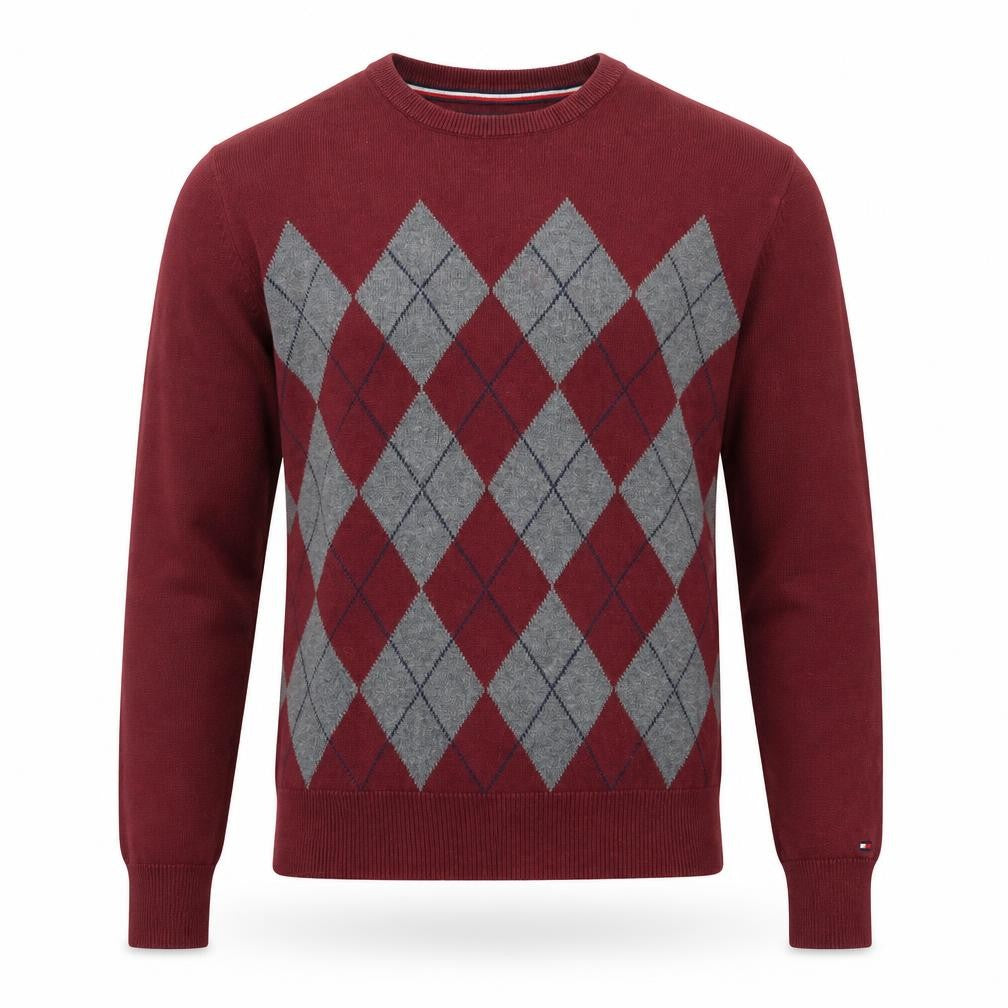Front view of Tommy Hilfiger Men's Red Argyle Crew Neck Cotton Jumper, size S
