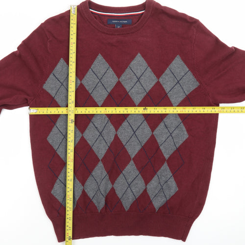 Tommy Hilfiger Men's Red Argyle Crew Neck Cotton Jumper Size S