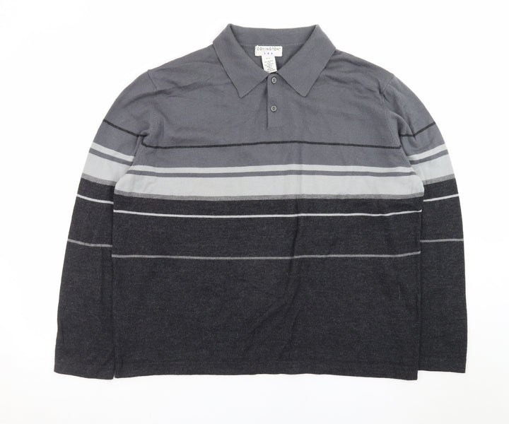 Covington Men Grey Striped Long Sleeve Merino Wool Blend Polo XL