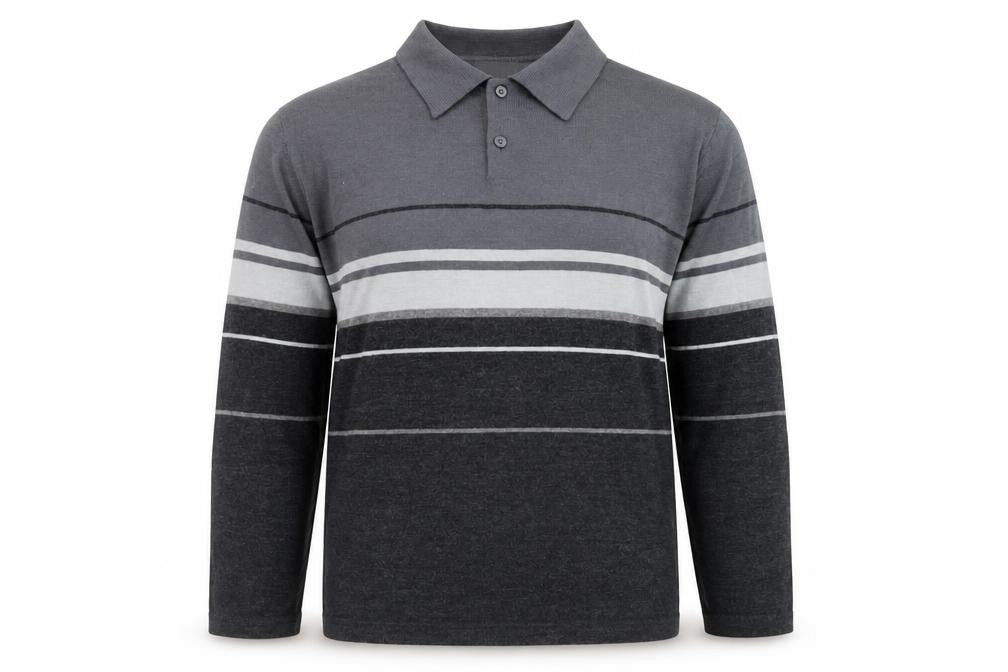 Front view of Covington Men Grey Striped Long Sleeve Merino Wool Blend Polo XL