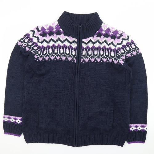 Isle Womens Blue Fair Isle Full Zip Knit Jumper Size L 18-20