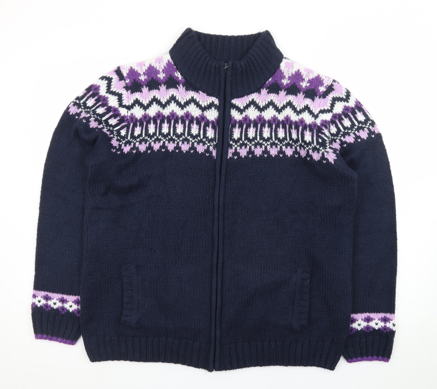 Isle Womens Blue Fair Isle Full Zip Knit Jumper Size L 18-20