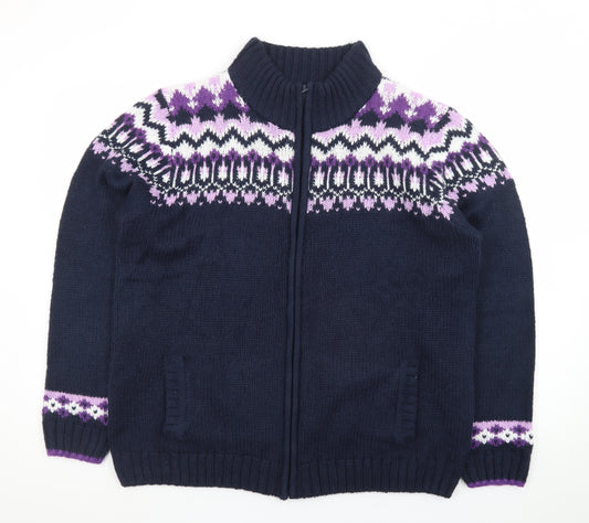 Isle Womens Blue Fair Isle Full Zip Knit Jumper Size L 18-20
