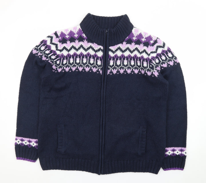 Isle Womens Blue Fair Isle Full Zip Knit Jumper Size L 18-20