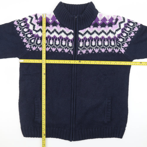 Isle Womens Blue Fair Isle Full Zip Knit Jumper Size L 18-20