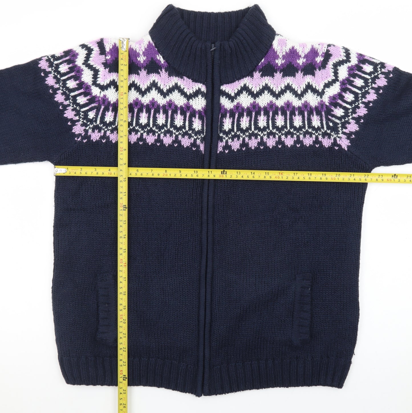 Isle Womens Blue Fair Isle Full Zip Knit Jumper Size L 18-20