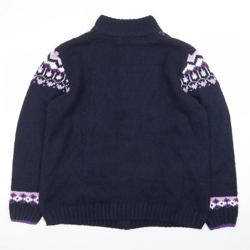 Isle Womens Blue Fair Isle Full Zip Knit Jumper Size L 18-20