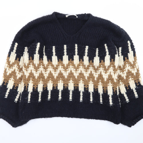 ZARA Womens Multicoloured V-Neck Chunky Knit Jumper Size S