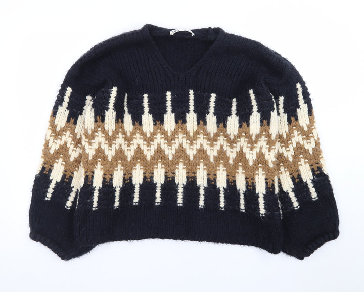ZARA Womens Multicoloured V-Neck Chunky Knit Jumper Size S