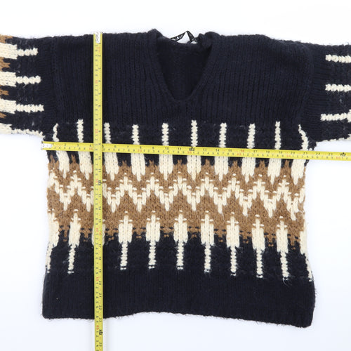 ZARA Womens Multicoloured V-Neck Chunky Knit Jumper Size S