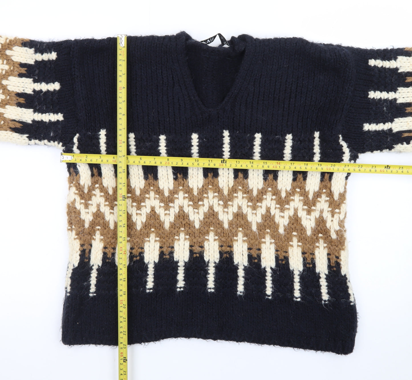 ZARA Womens Multicoloured V-Neck Chunky Knit Jumper Size S