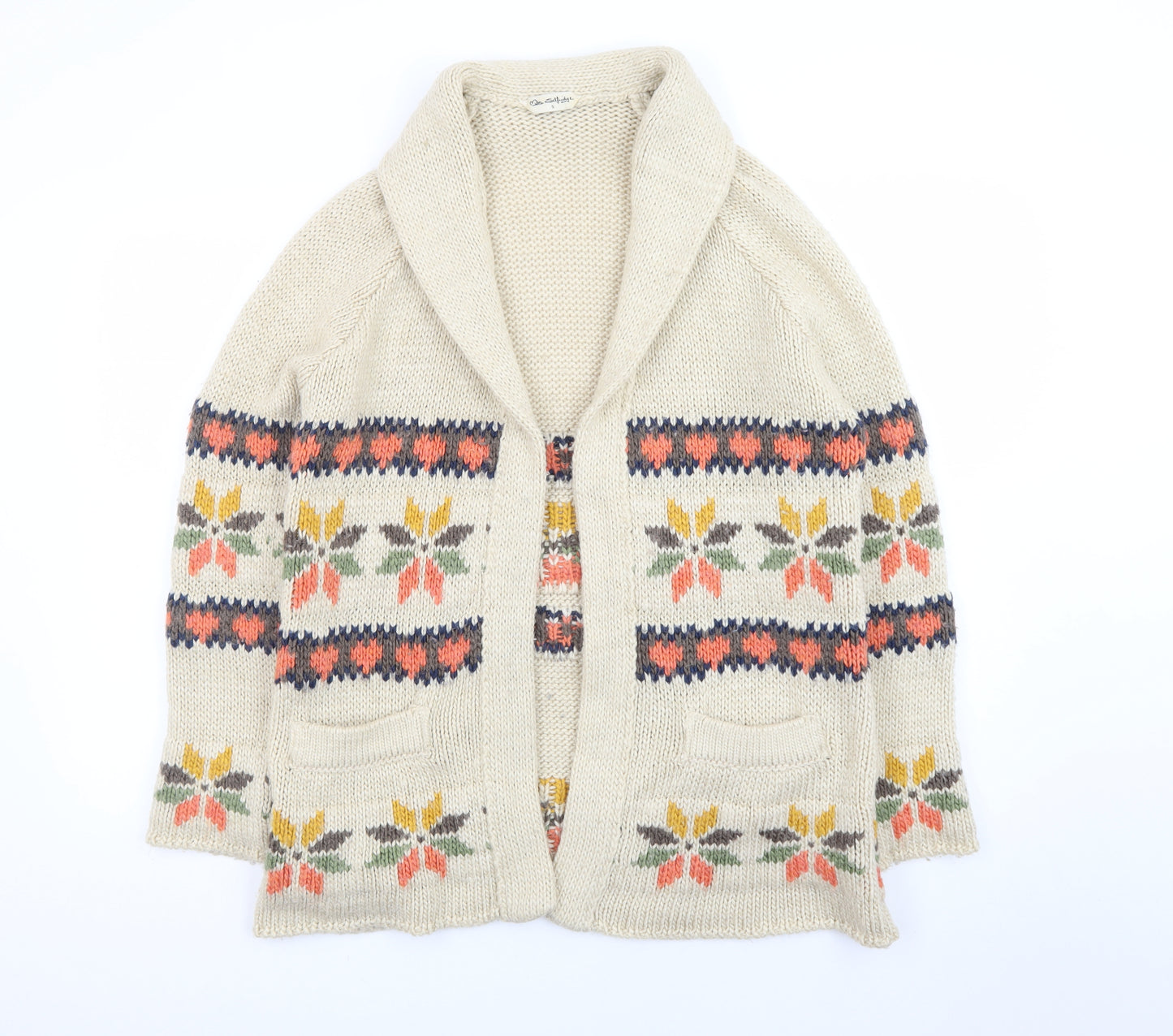 Miss Selfridge Women Beige Fair Isle Chunky Knit Cardigan S