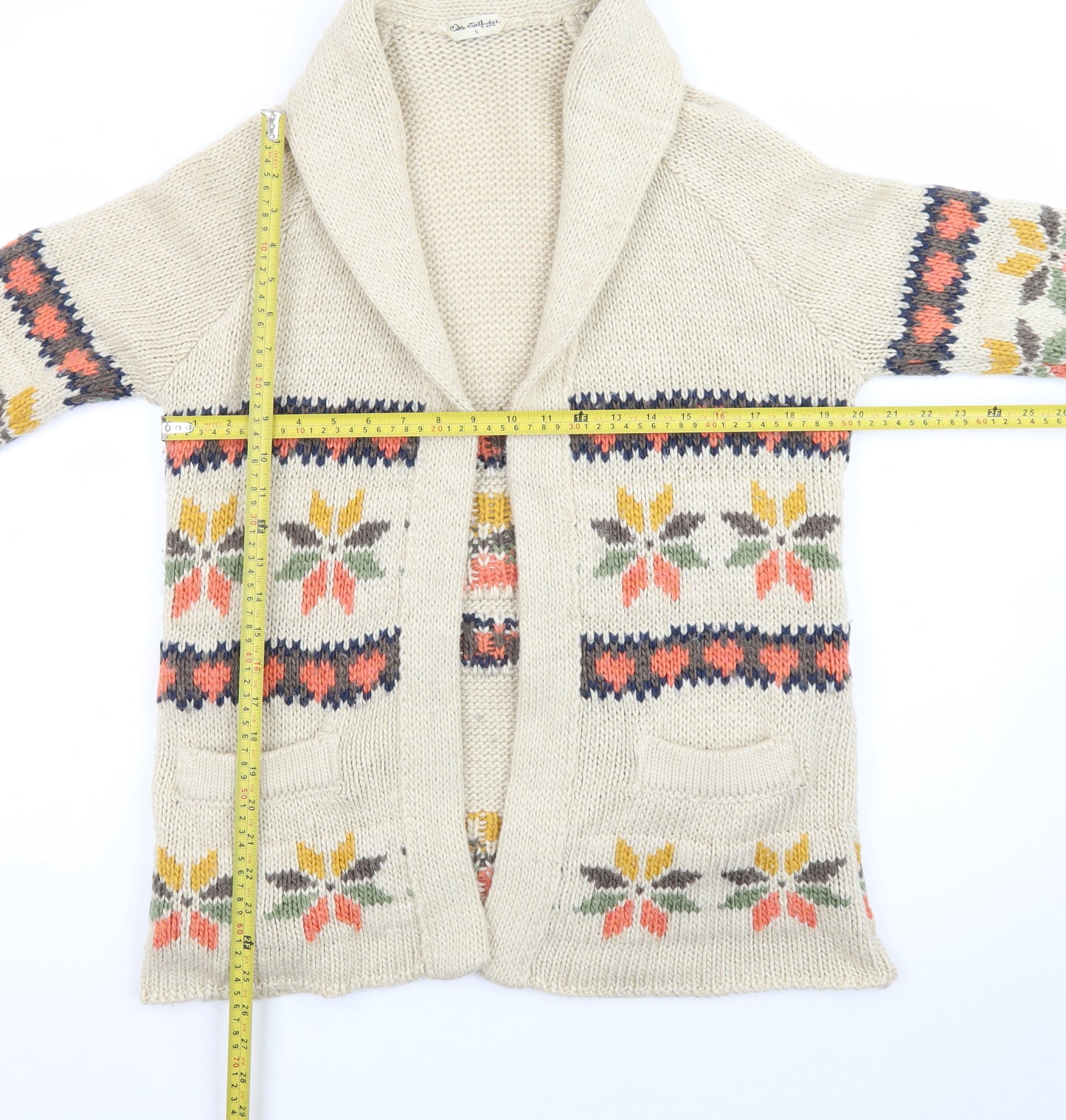 Miss Selfridge Women Beige Fair Isle Chunky Knit Cardigan S