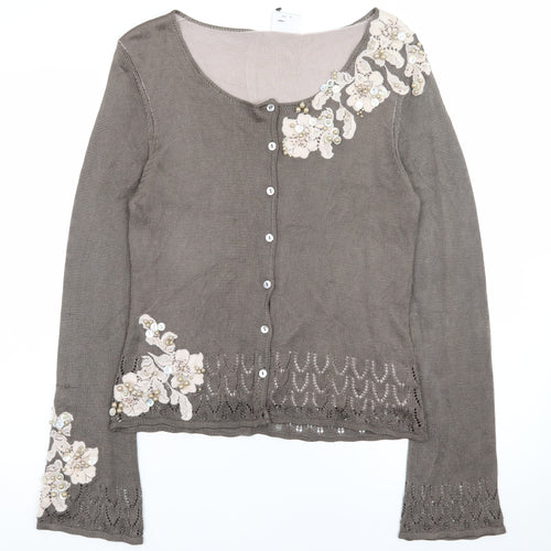 Next Women’s Brown Floral Embroidered Cardigan UK 14 Scoop Neck