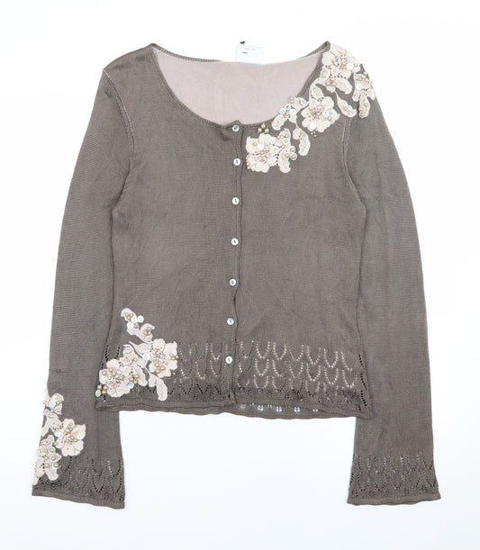 Next Women’s Brown Floral Embroidered Cardigan UK 14 Scoop Neck