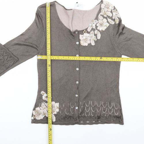 Next Women’s Brown Floral Embroidered Cardigan UK 14 Scoop Neck