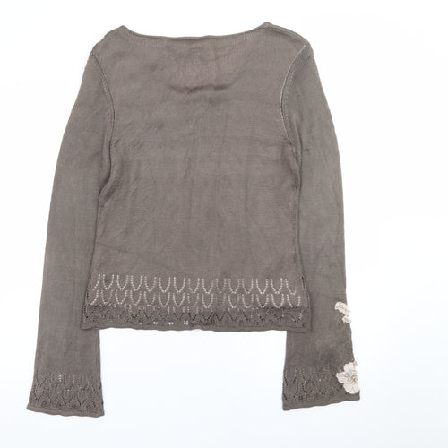 Next Women’s Brown Floral Embroidered Cardigan UK 14 Scoop Neck
