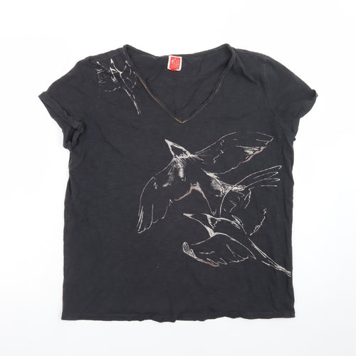 Miss Captain Women’s Black Bird Print V-Neck Cotton T-Shirt Size S
