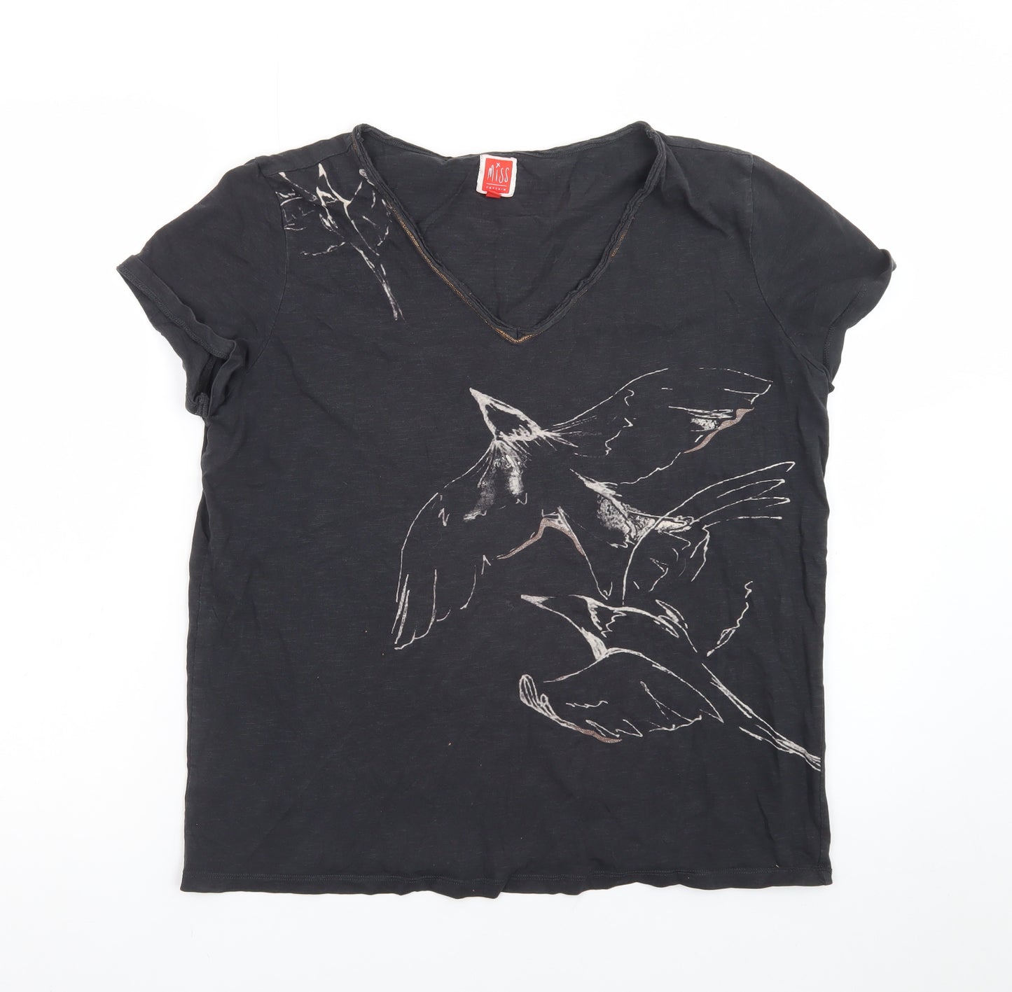 Miss Captain Women’s Black Bird Print V-Neck Cotton T-Shirt Size S