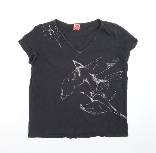 Miss Captain Women’s Black Bird Print V-Neck Cotton T-Shirt Size S