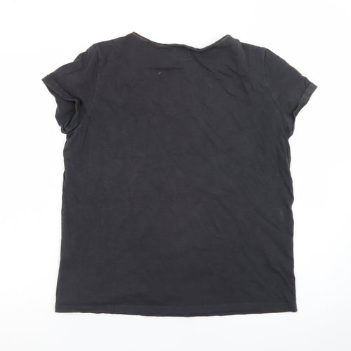 Miss Captain Women’s Black Bird Print V-Neck Cotton T-Shirt Size S