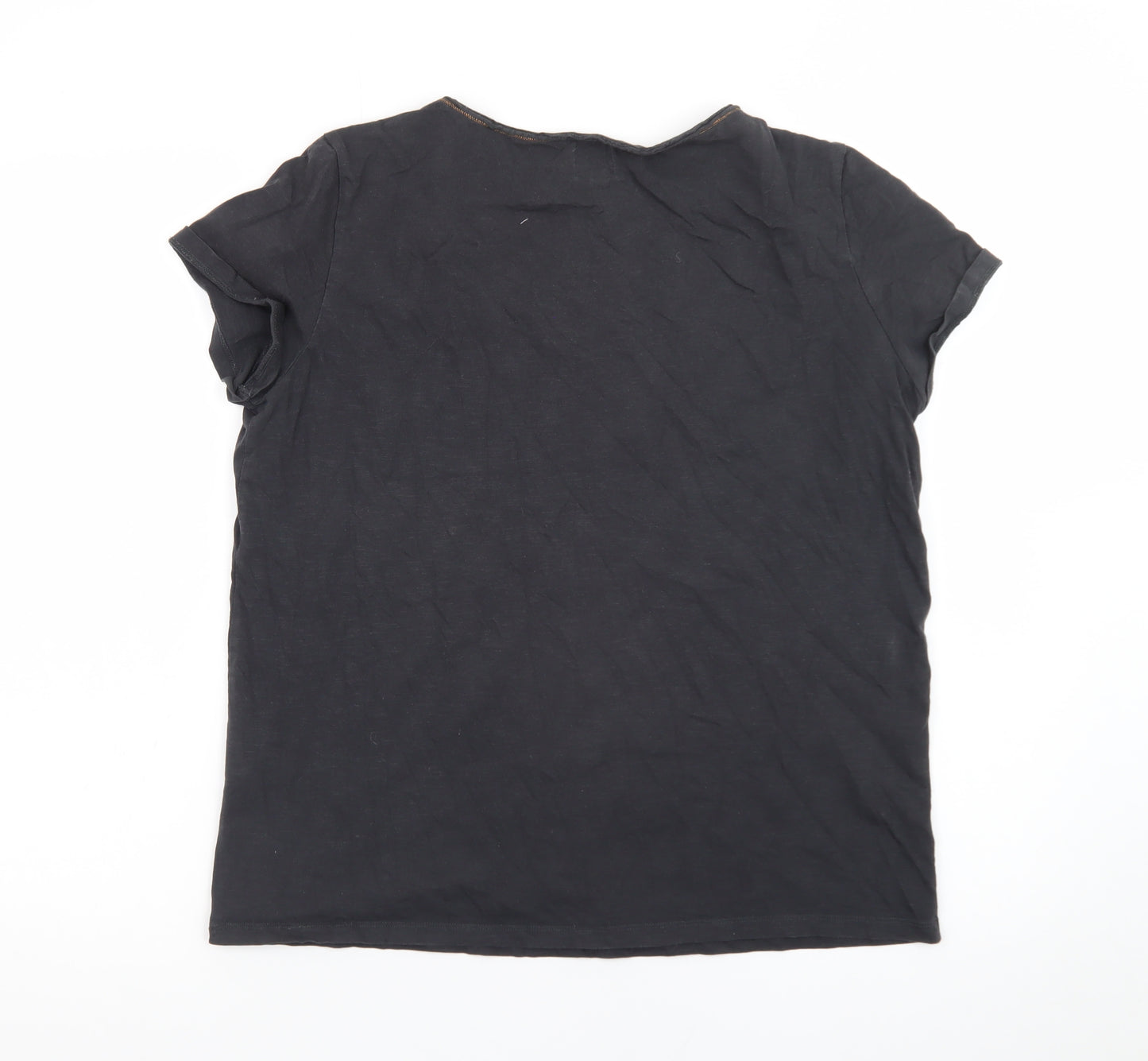 Miss Captain Women’s Black Bird Print V-Neck Cotton T-Shirt Size S
