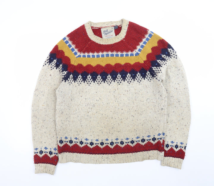 Topman Men's Beige Fair Isle Wool Pullover Jumper Size M
