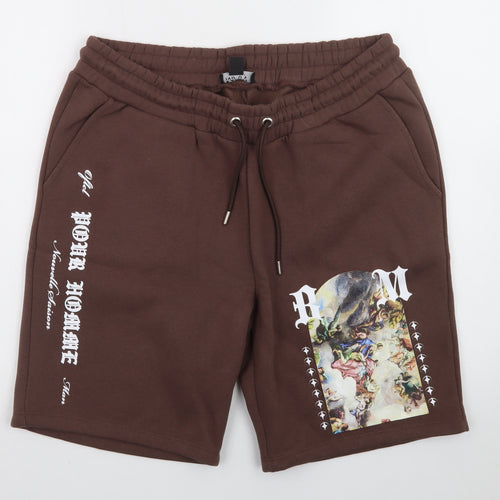 boohooMAN Men’s Brown Art Print Sweat Shorts L Casual Streetwear