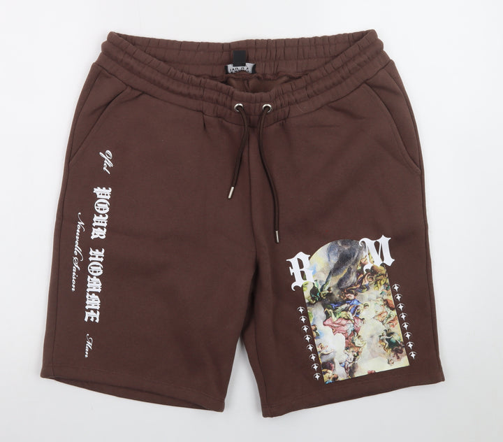 boohooMAN Men’s Brown Art Print Sweat Shorts L Casual Streetwear