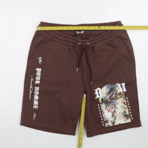 boohooMAN Men’s Brown Art Print Sweat Shorts L Casual Streetwear