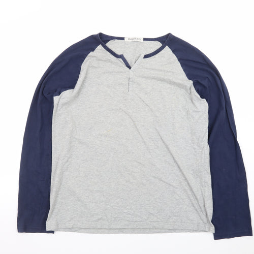 Hawiton Mens Grey Blue Henley Long Sleeve Cotton T-Shirt Size L