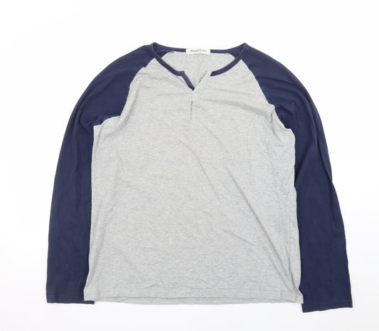 Hawiton Mens Grey Blue Henley Long Sleeve Cotton T-Shirt Size L