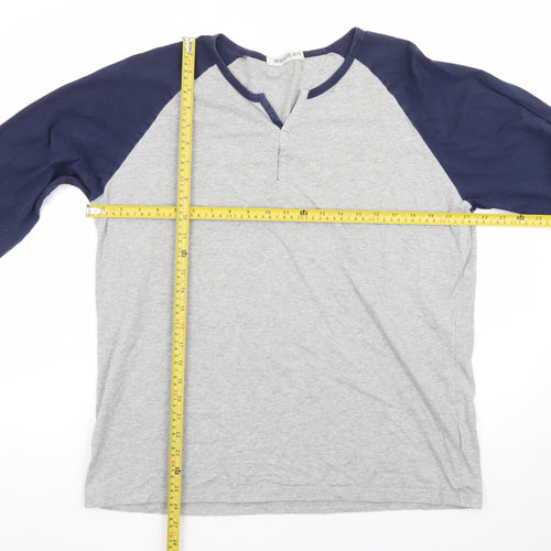 Hawiton Mens Grey Blue Henley Long Sleeve Cotton T-Shirt Size L