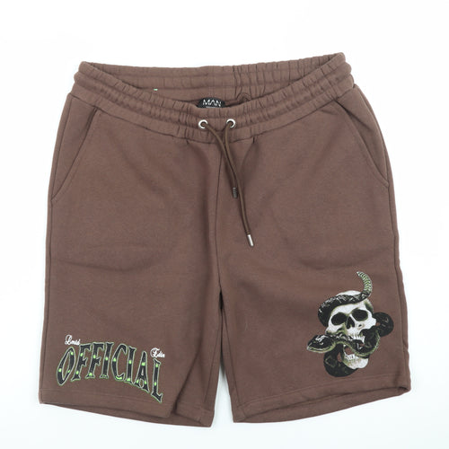 boohooMAN Men’s Brown Skull Graphic Sweat Shorts L Casual