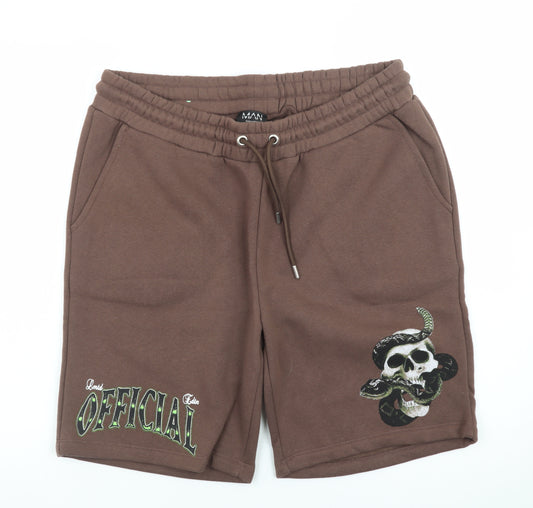 boohooMAN Men’s Brown Skull Graphic Sweat Shorts L Casual