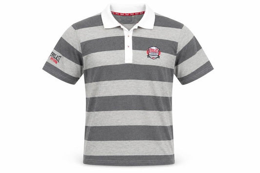 Front view of Everlast Men's Grey Striped Polo Shirt, size M, Collared Sports Casual