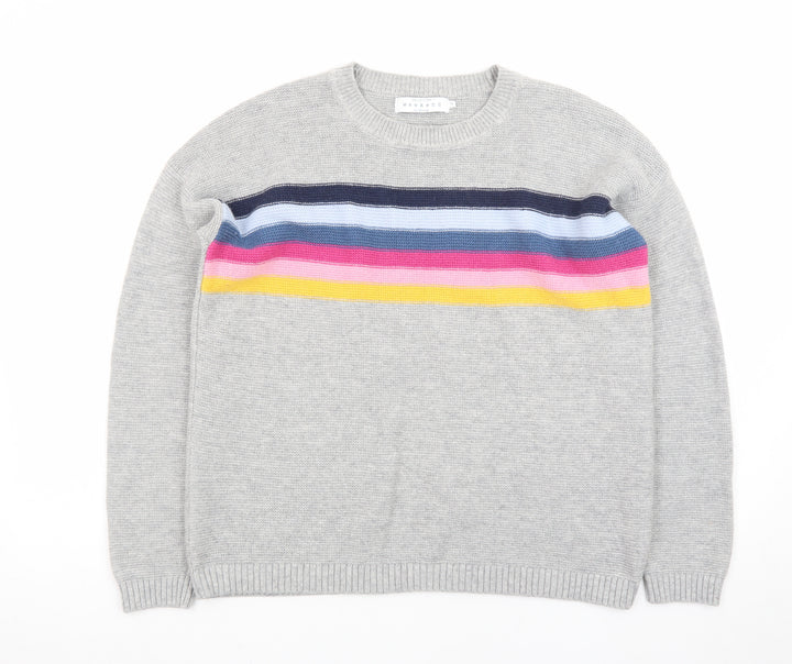 John Lewis Women Grey Striped Wool Cashmere Crew Neck Jumper Size 10