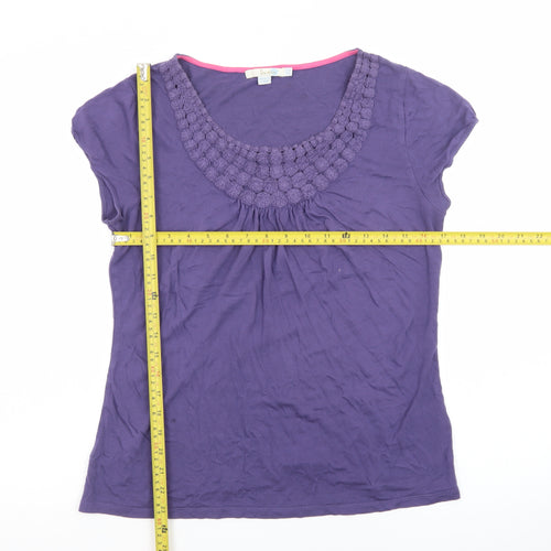 Boden Women's Purple Cotton Crochet Neck Short Sleeve Blouse Size 14
