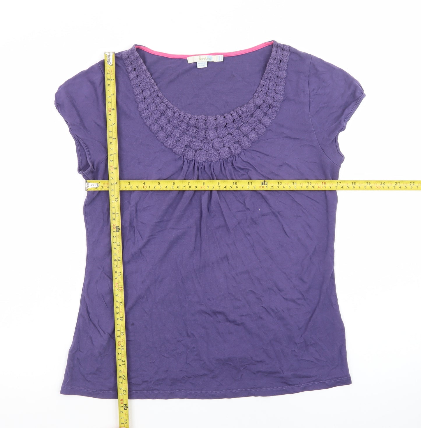 Boden Women's Purple Cotton Crochet Neck Short Sleeve Blouse Size 14