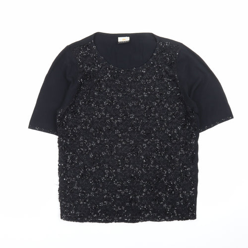 JH Event Women Black Beaded Short Sleeve Pullover Jumper Size 16