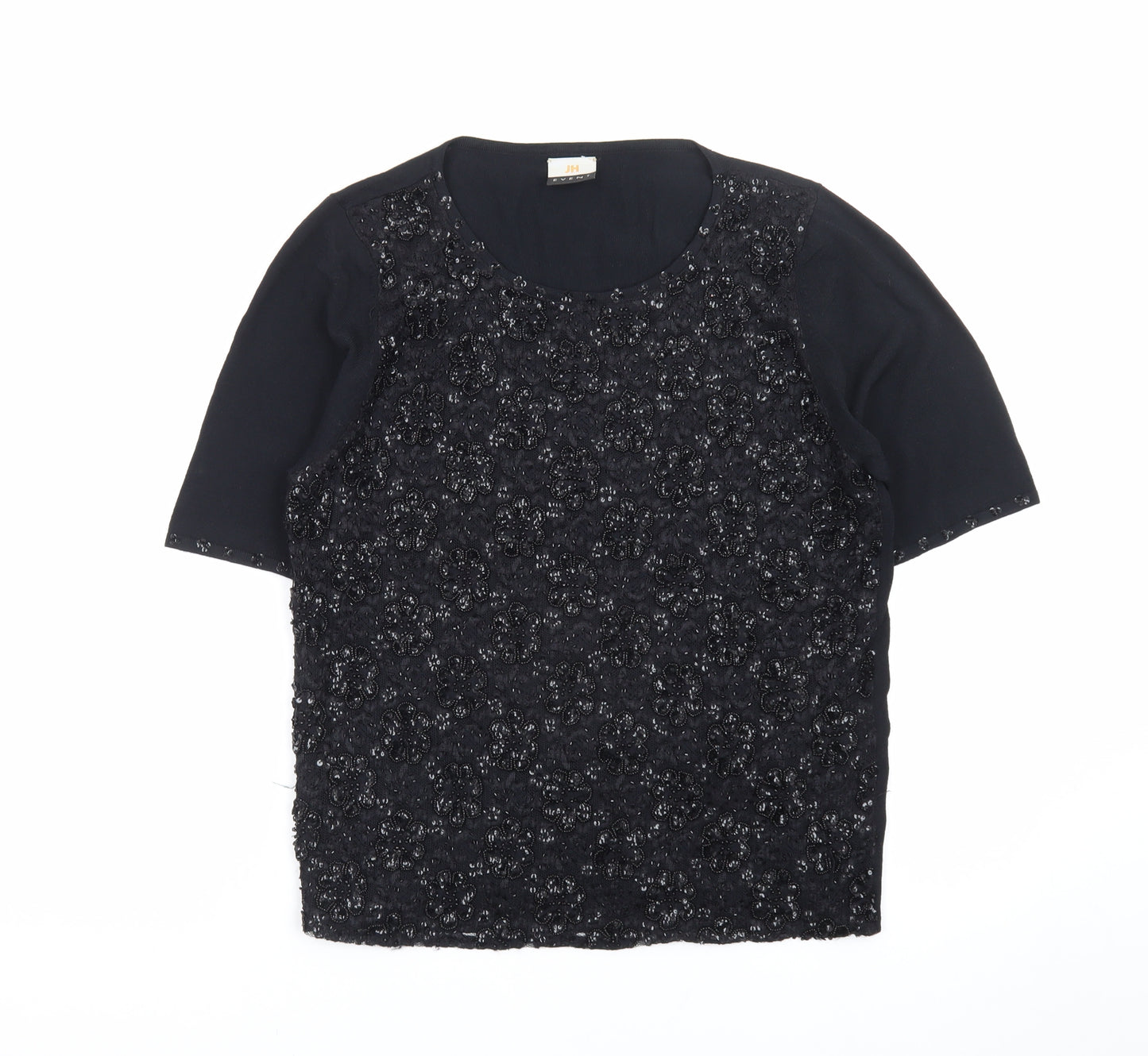 JH Event Women Black Beaded Short Sleeve Pullover Jumper Size 16