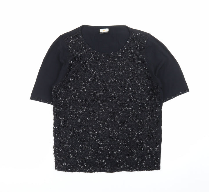 JH Event Women Black Beaded Short Sleeve Pullover Jumper Size 16