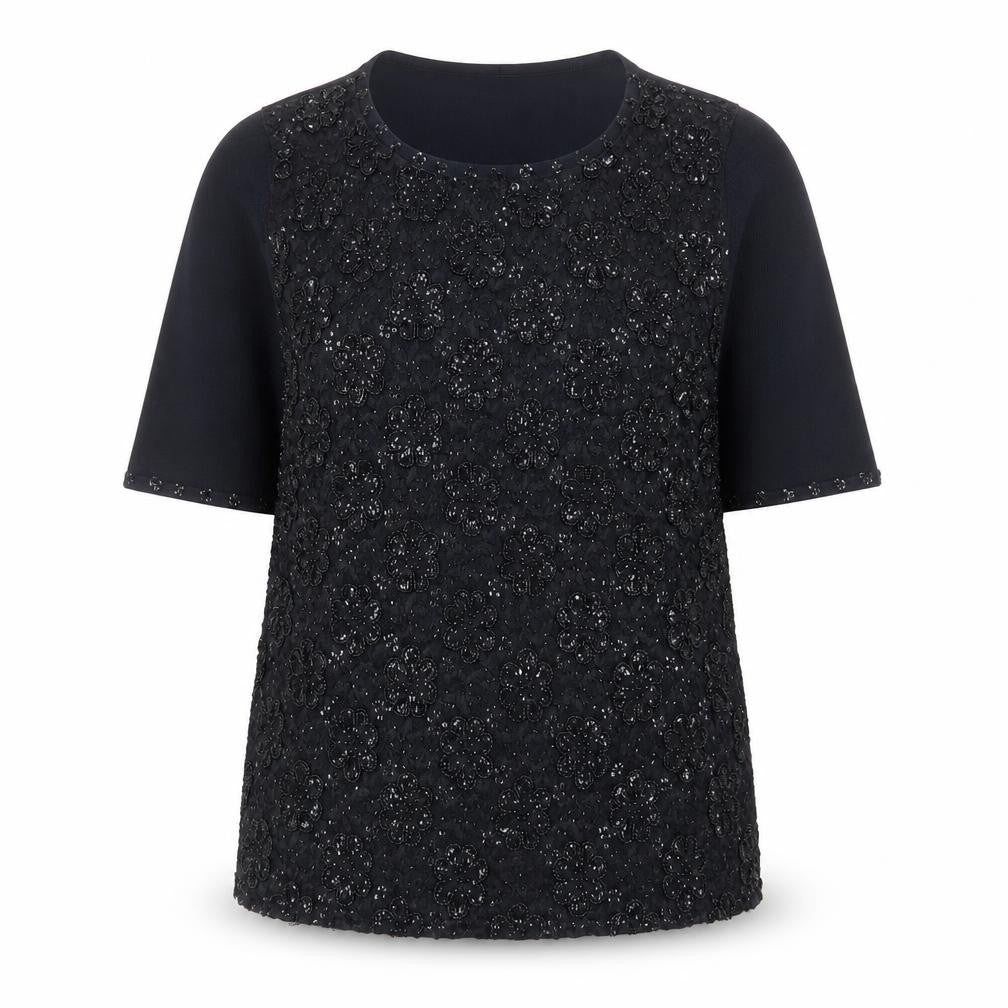 Front view of JH Event Women Black Beaded Short Sleeve jumper, size 16