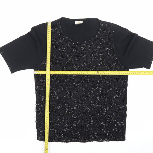 JH Event Women Black Beaded Short Sleeve Pullover Jumper Size 16