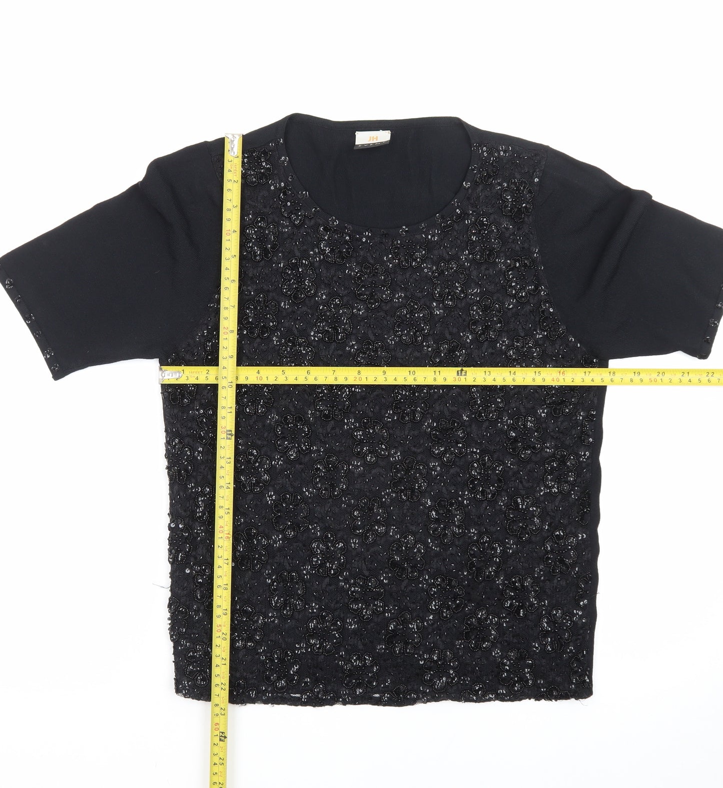 JH Event Women Black Beaded Short Sleeve Pullover Jumper Size 16
