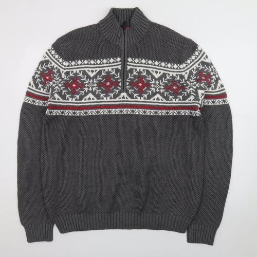 IZOD Men's Grey Fair Isle 1/4 Zip Cotton Jumper Size L