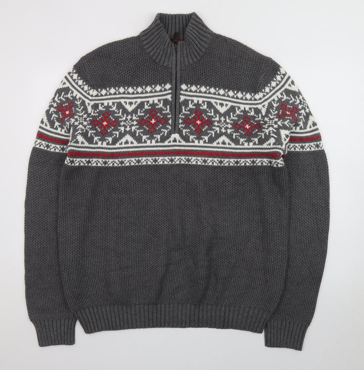 IZOD Men's Grey Fair Isle 1/4 Zip Cotton Jumper Size L